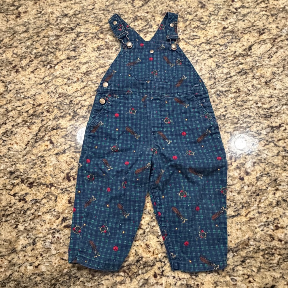 Vintage Gymboree Kids Golf Plaid Corduroy Overalls Navy Green XS v